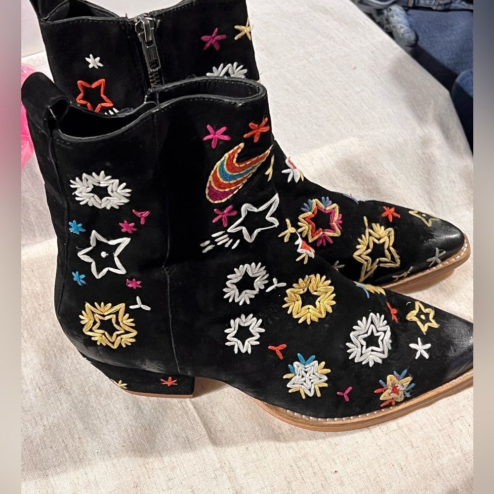 Free People Bowers Embroidered Ankle Boots in Black Celestial Suede - Picture 5 of 7